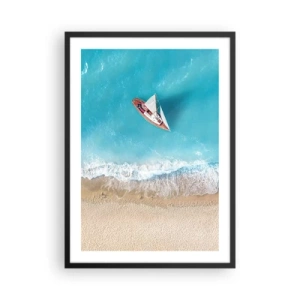 Poster in einem schwarzem Rahmen - Eine Yacht vor dem blauen Meer an der Küste - 50x70cm - An der Grenze von Blau und Gold - Moderne Wanddekoration für Wohnzimmer und Schlafzimmer ARTTOR