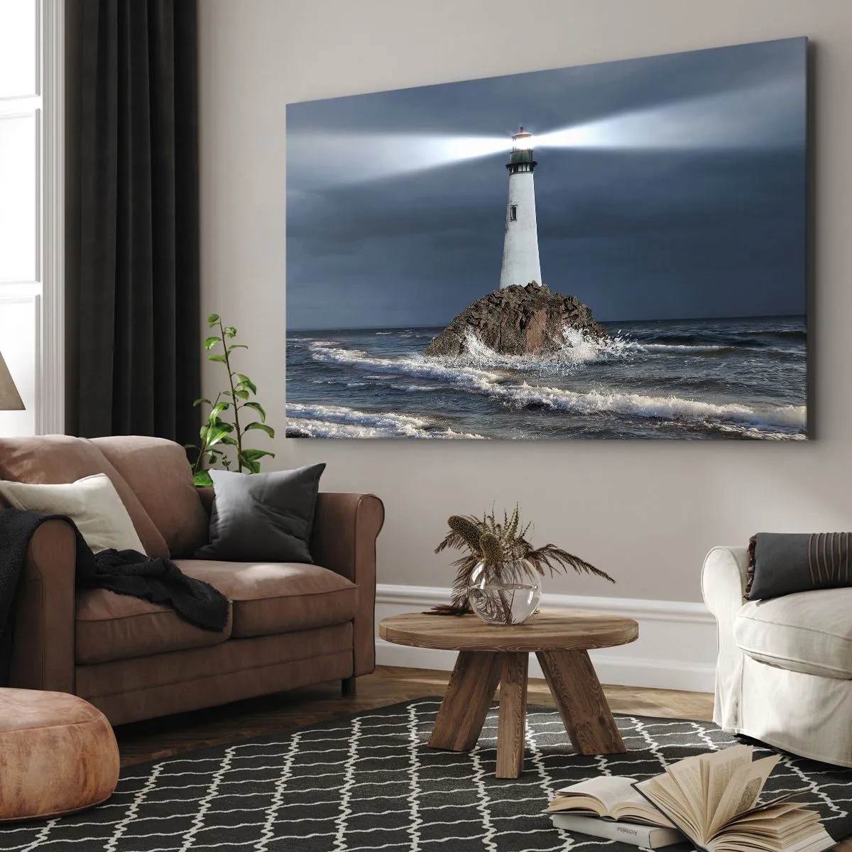 Bild auf Leinwand - Leinwandbild - Ein Leuchtturm auf einem Felsen, umgeben von stürmischer See - 70x50cm - Hier... hier... hier! - Moderne Wanddekoration für Wohnzimmer und Schlafzimmer ARTTOR