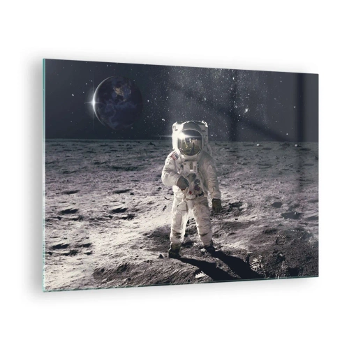 Glasbild - Bild auf glas - Astronaut auf der Mondoberfläche mit der Erde im Hintergrund - 70x50cm - Grüße vom Mond - Moderne Wanddekoration für Wohnzimmer und Schlafzimmer ARTTOR