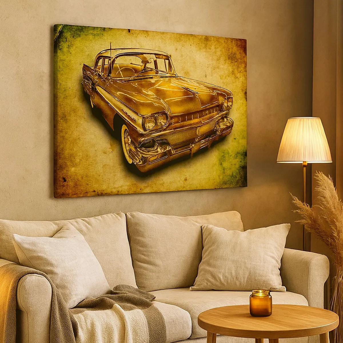 Bild auf Leinwand - Leinwandbild - Ein goldenes klassisches Retro-Auto auf einem Vintage-Hintergrund mit gealtertem Effekt. - 70x50cm - Die unvergängliche Schönheit der Klassiker - Moderne Wanddekoration für Wohnzimmer und Schlafzimmer ARTTOR