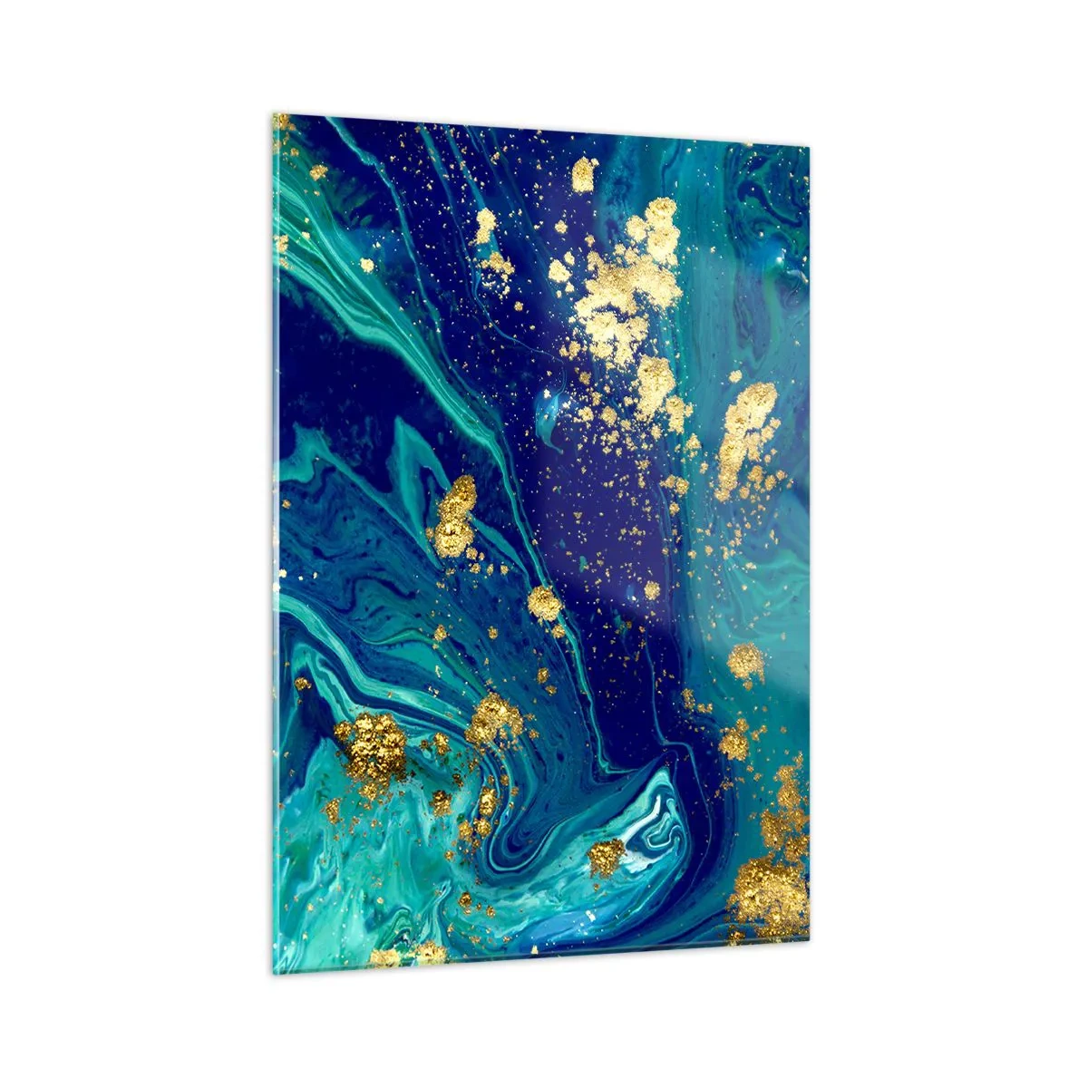 Glasbild - Bild auf glas - Ein abstraktes Muster in Türkis- und Marineblautönen mit goldenen Akzenten - 50x70cm - Die Blütenblätter der Sonne - Moderne Wanddekoration für Wohnzimmer und Schlafzimmer ARTTOR
