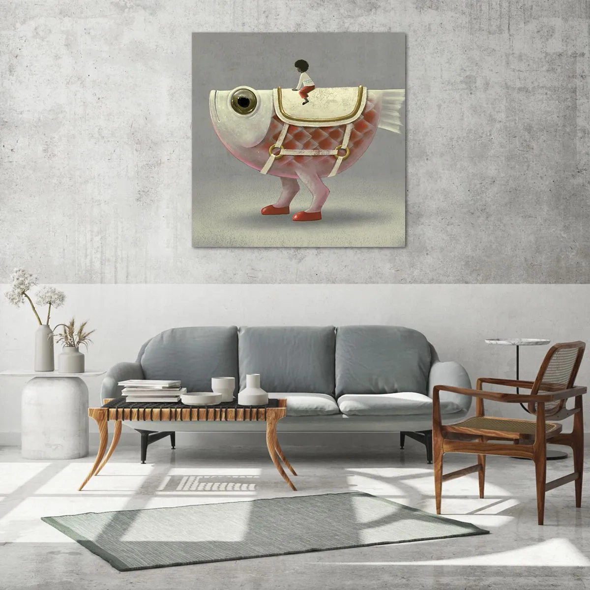 Glasbild - Bild auf glas - Reiter auf einem surrealen Fisch - 40x40 cm