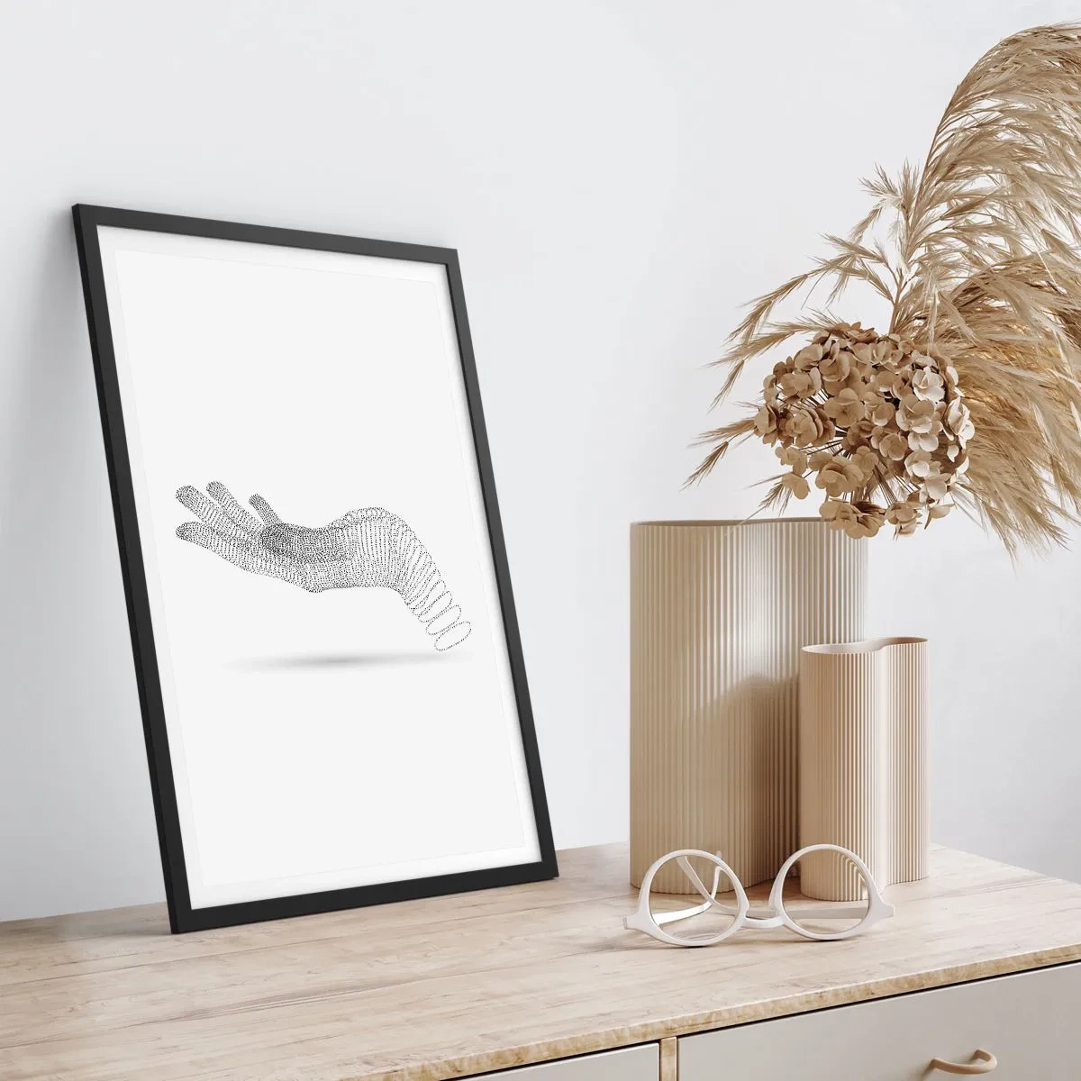 Poster in einem schwarzem Rahmen - Abstrakte Handarbeit aus Linien auf weißem Hintergrund - 50x70cm - Federnde Hand - Moderne Wanddekoration für Wohnzimmer und Schlafzimmer ARTTOR