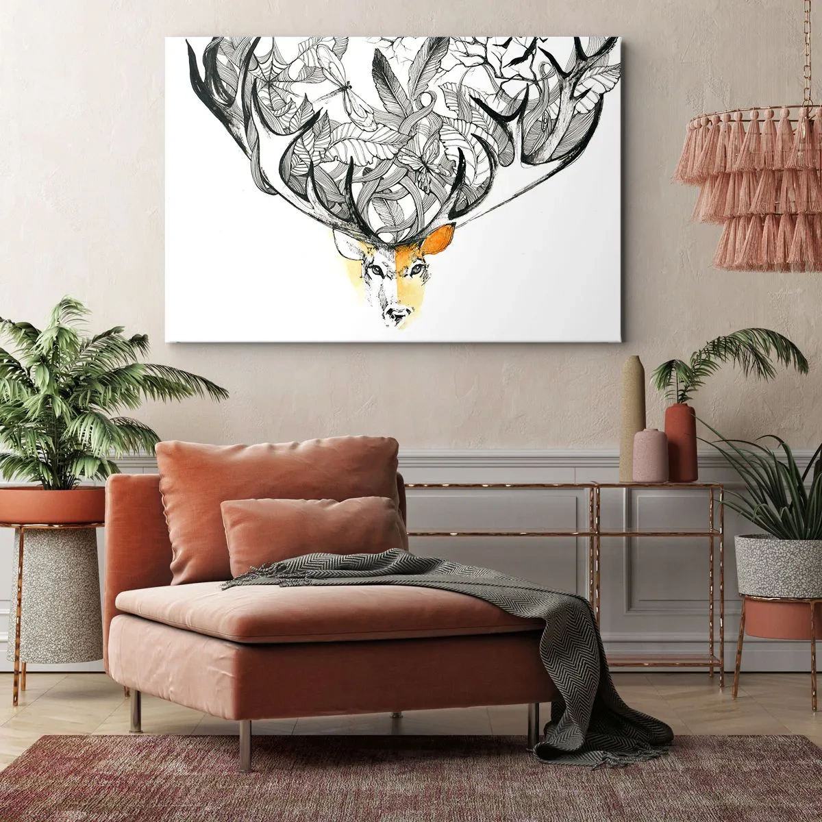 Bild auf Leinwand - Leinwandbild - Dezente Hirschgrafik mit dekorativem Geweih - 120x80cm - Ecken des Überflusses - Moderne Wanddekoration für Wohnzimmer und Schlafzimmer ARTTOR