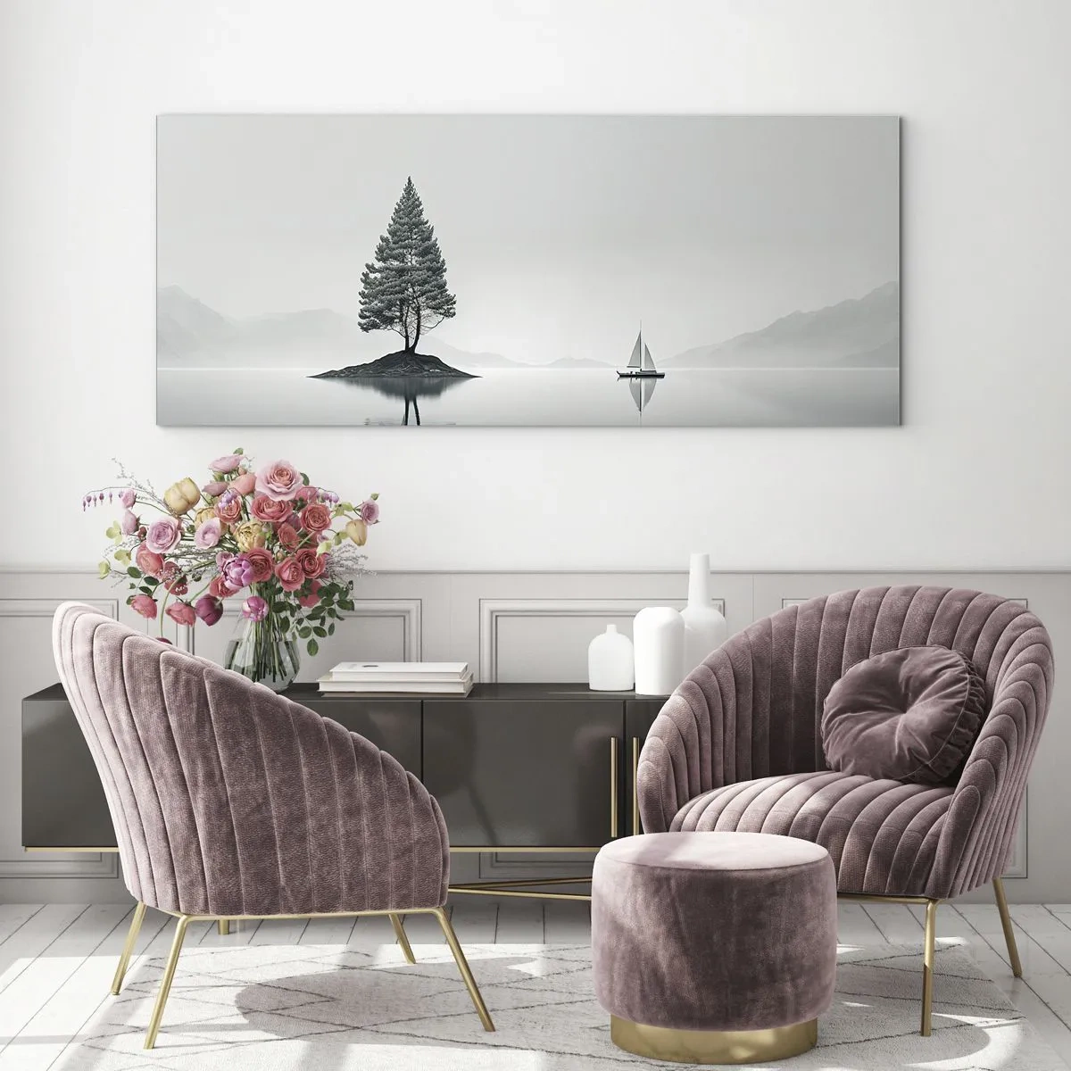 Glasbild - Bild auf glas - Eine minimalistische Landschaft mit einem Baum auf einer Insel und einem Segelboot. - 160x50cm - Traum - Moderne Wanddekoration für Wohnzimmer und Schlafzimmer ARTTOR