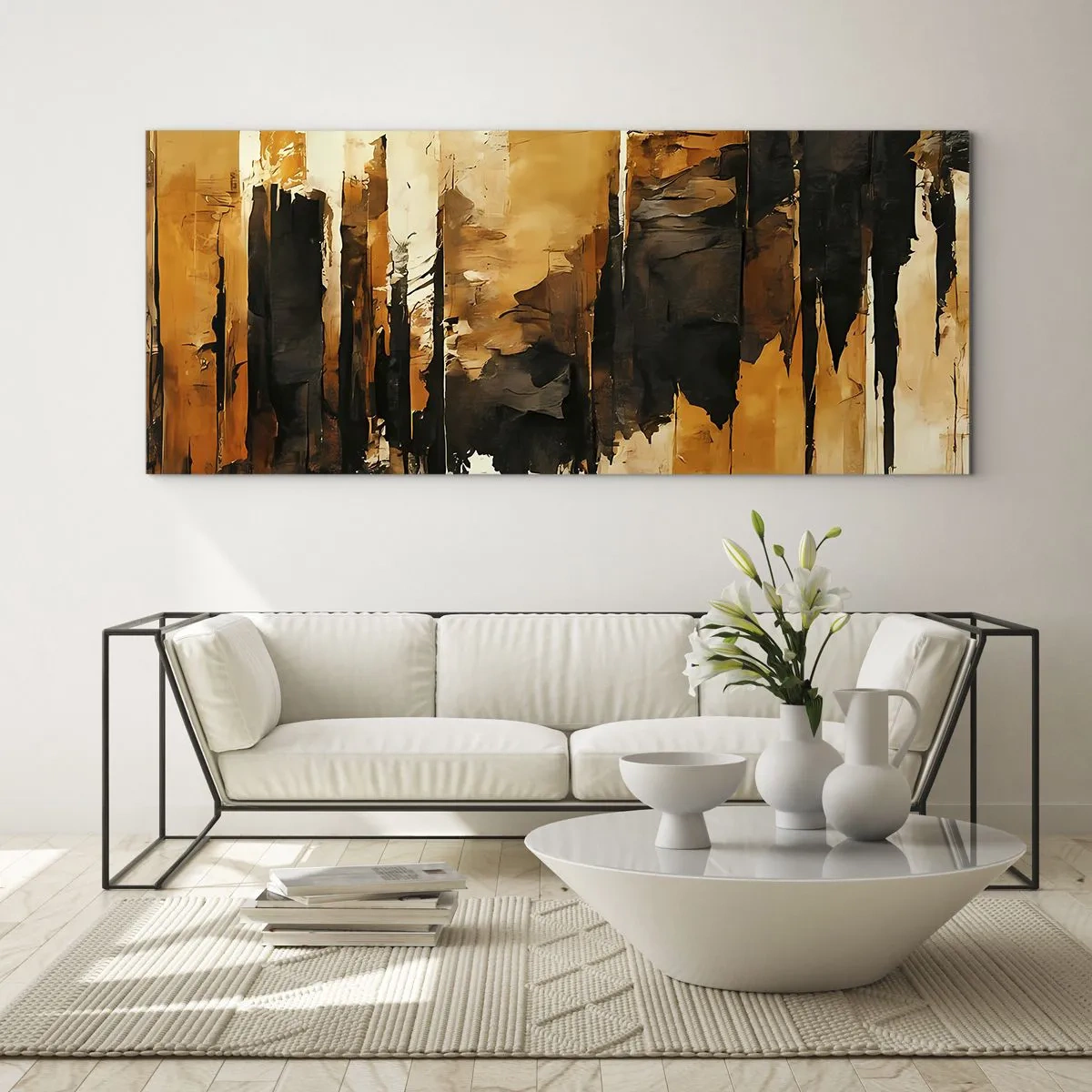 Glasbild - Bild auf glas - Abstrakte goldene und schwarze Streifen in einer künstlerischen Komposition - 140x50cm - Harmonie von Schwarz und Gold - Moderne Wanddekoration für Wohnzimmer und Schlafzimmer ARTTOR