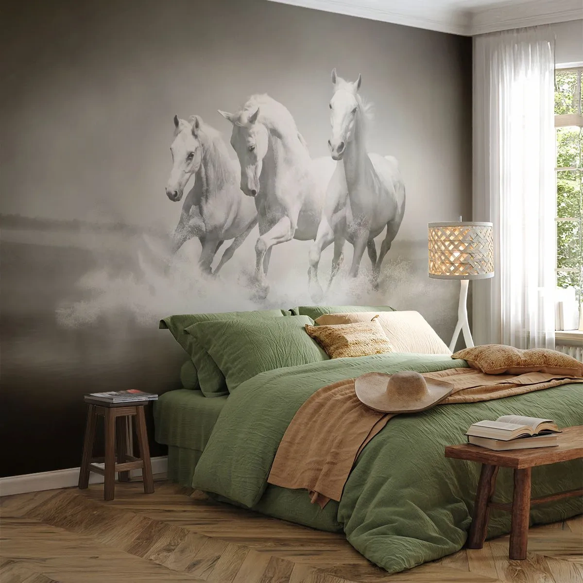 Fototapete Premium Sand - Weißer Wahnsinn - Tiere, Pferde, Natur - 300x210 cm