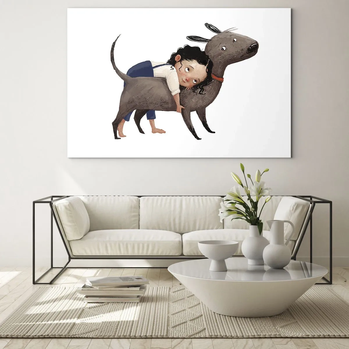 Glasbild - Bild auf glas - Ein Mädchen umarmt einen großen Hund auf weißem Hintergrund - 100x70cm - Beste Freunde - Moderne Wanddekoration für Wohnzimmer und Schlafzimmer ARTTOR