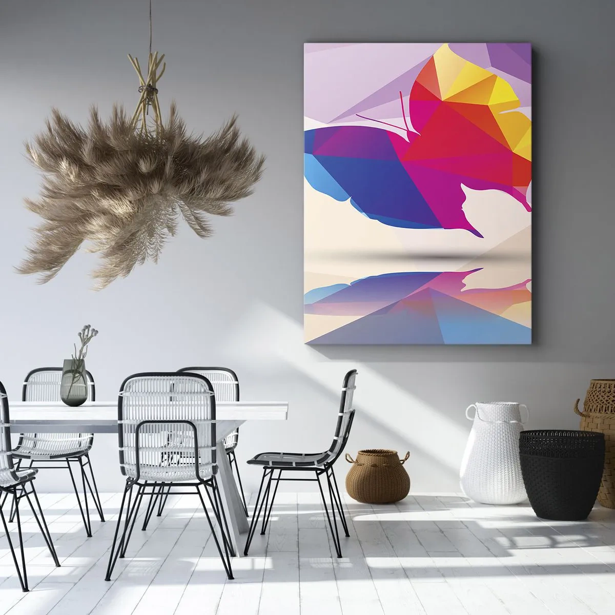 Bild auf Leinwand - Leinwandbild - Geometrische Schmetterlingssilhouette in leuchtenden Farben - 50x70cm - Regenbogenschmetterling - Moderne Wanddekoration für Wohnzimmer und Schlafzimmer ARTTOR