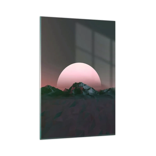 Glasbild - Bild auf glas - Geometrische Berge mit der untergehenden Sonne im Hintergrund - 80x120cm - In einer Nachbargalaxie - Moderne Wanddekoration für Wohnzimmer und Schlafzimmer ARTTOR