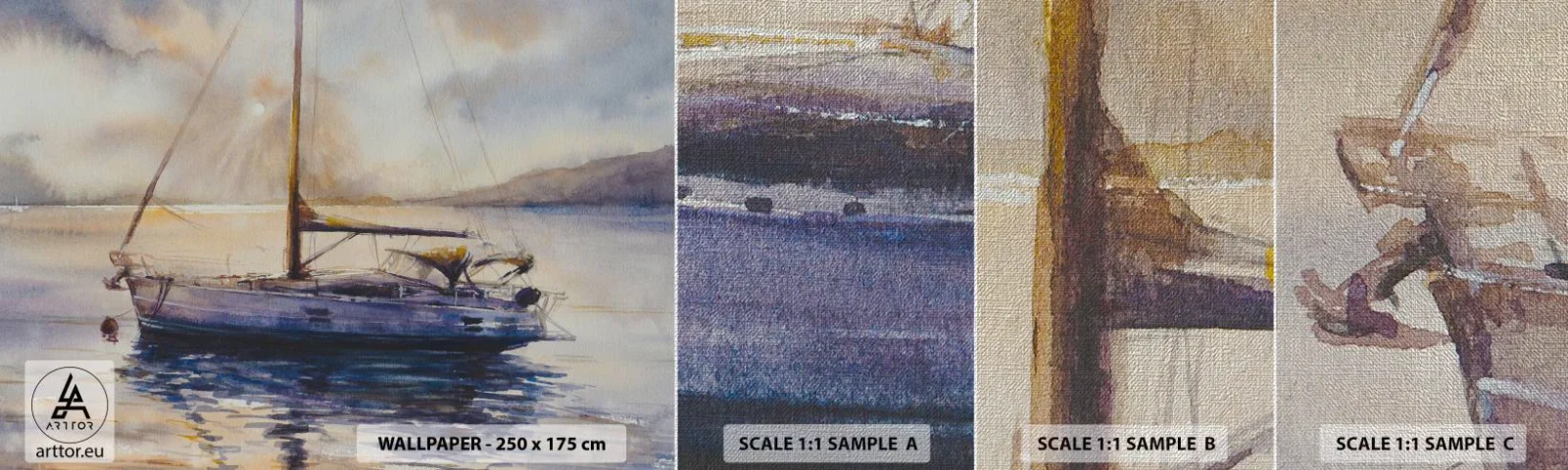 Fototapeten Muster Premium Canvas - Abend in der Bucht - Segelboot, Angeln, Strand - 100x30 cm