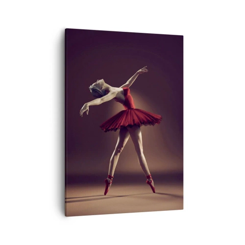Bild auf Leinwand - Leinwandbild - Eine Balletttänzerin in einem roten Kleid vor dem Hintergrund einer Bühne - 50x70cm - Eine Primaballerina - Moderne Wanddekoration für Wohnzimmer und Schlafzimmer ARTTOR