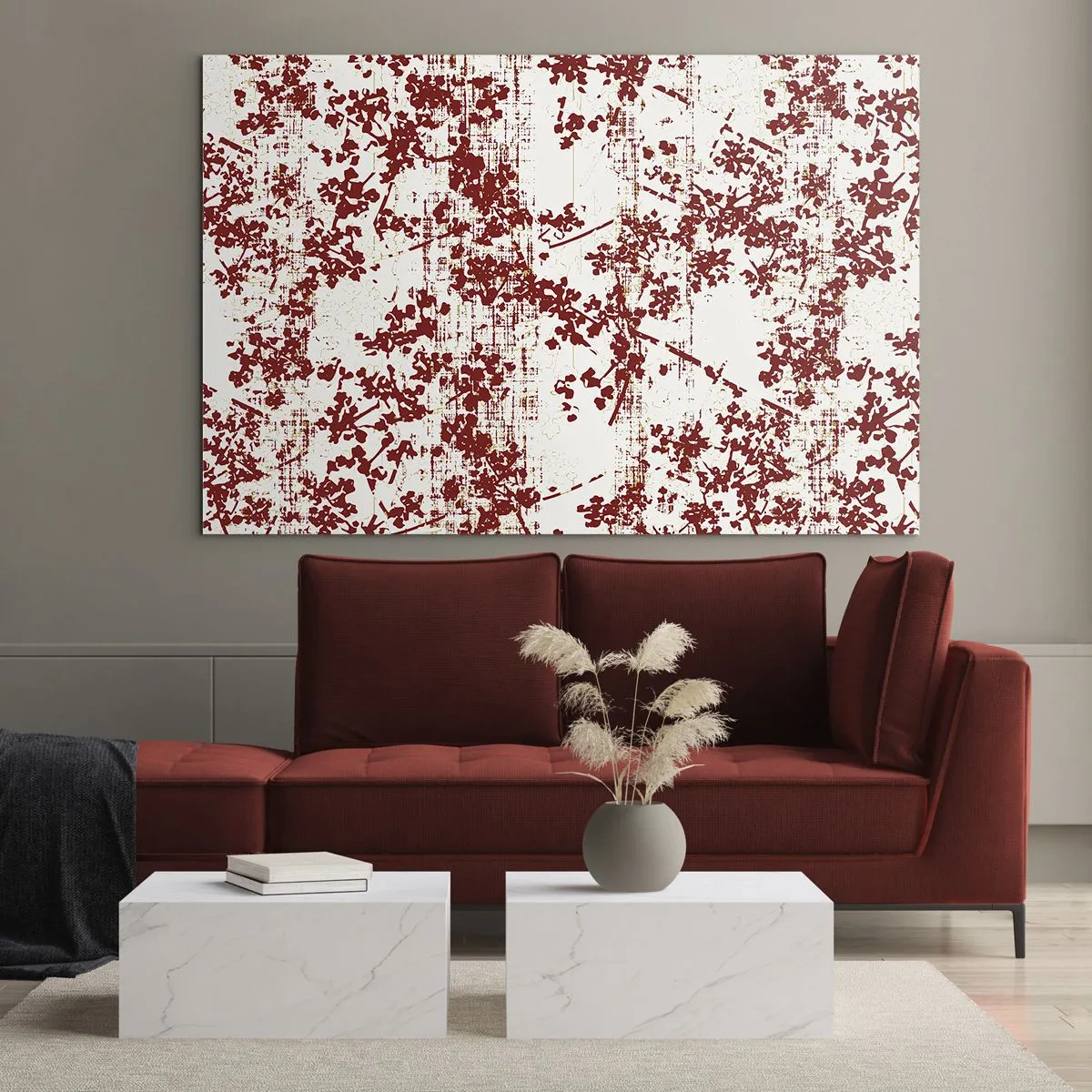 Glasbild - Bild auf glas - Ein Blumenmuster in Rot auf einem hellen, verwitterten Hintergrund - 100x70cm - Wie alter Perkal - Moderne Wanddekoration für Wohnzimmer und Schlafzimmer ARTTOR