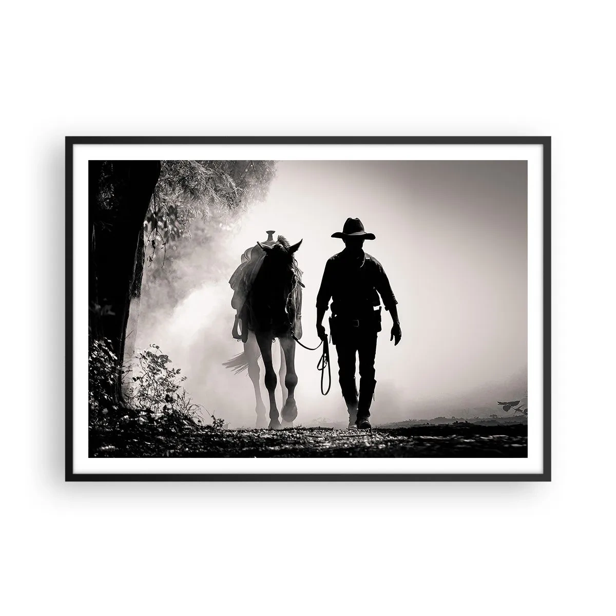 Poster in einem schwarzem Rahmen - Cowboy mit Pferd im Morgennebel - 100x70cm - Texas-Morgen - Moderne Wanddekoration für Wohnzimmer und Schlafzimmer ARTTOR