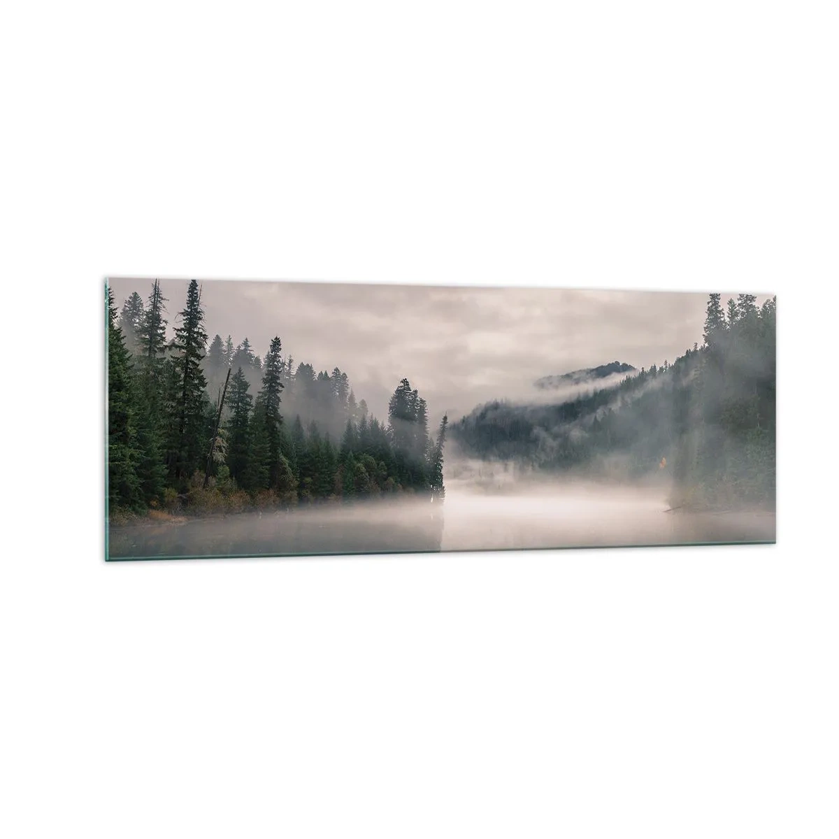 Glasbild - Bild auf glas - Ein nebliger Wald spiegelt sich in einem ruhigen See - 140x50cm - In Reflexion, im Nebel - Moderne Wanddekoration für Wohnzimmer und Schlafzimmer ARTTOR