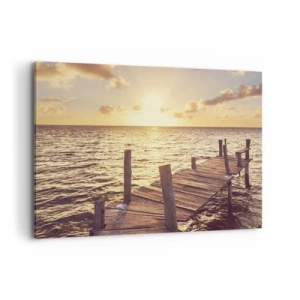 Bild auf Leinwand - Leinwandbild - Ein Holzsteg führt in Richtung Sonnenuntergang - 100x70cm - Das goldene Land der Sanftmut - Moderne Wanddekoration für Wohnzimmer und Schlafzimmer ARTTOR