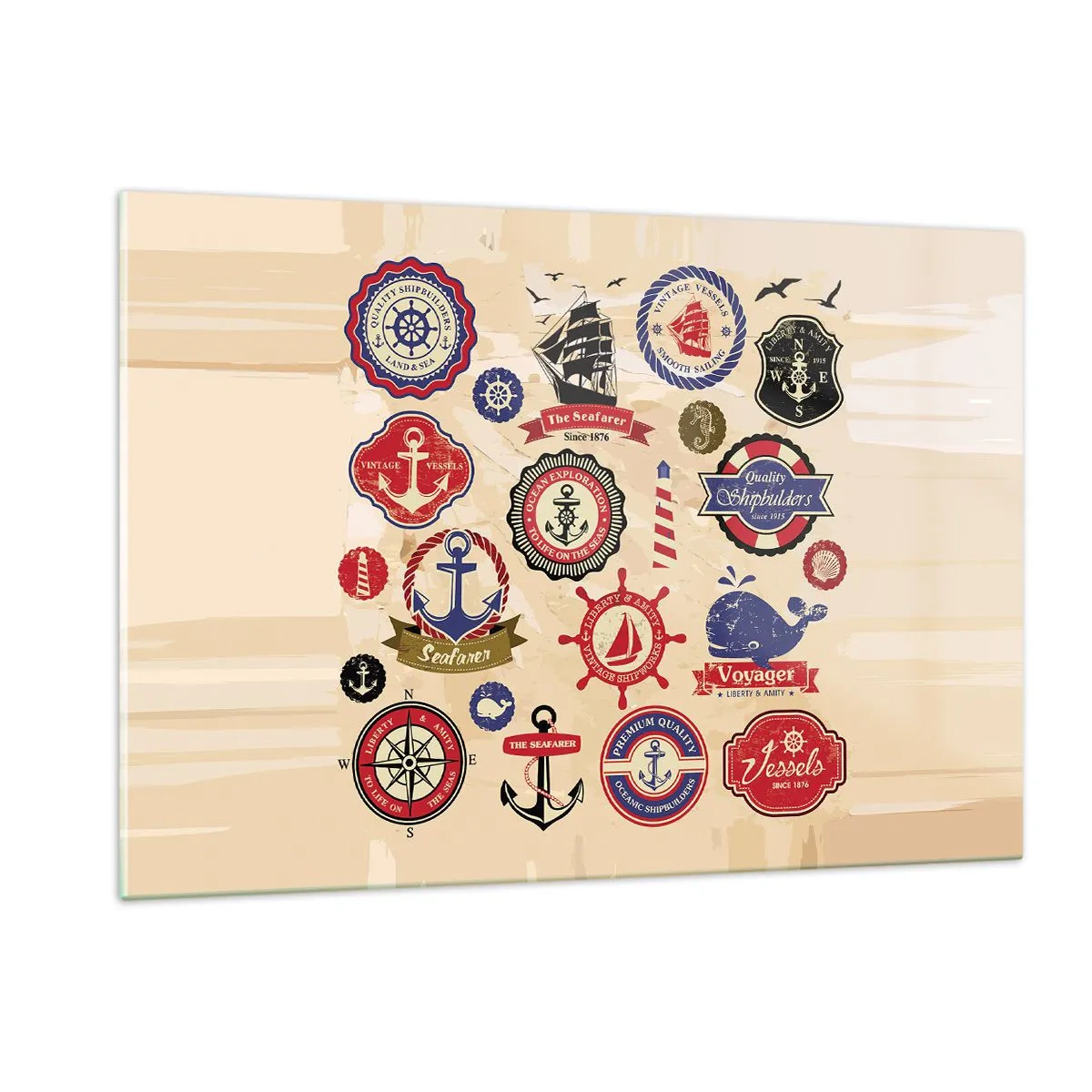 Glasbild - Bild auf glas - Nautische Embleme und Symbole auf beigem Hintergrund - 120x80cm - Segelbruderschaft - Moderne Wanddekoration für Wohnzimmer und Schlafzimmer ARTTOR