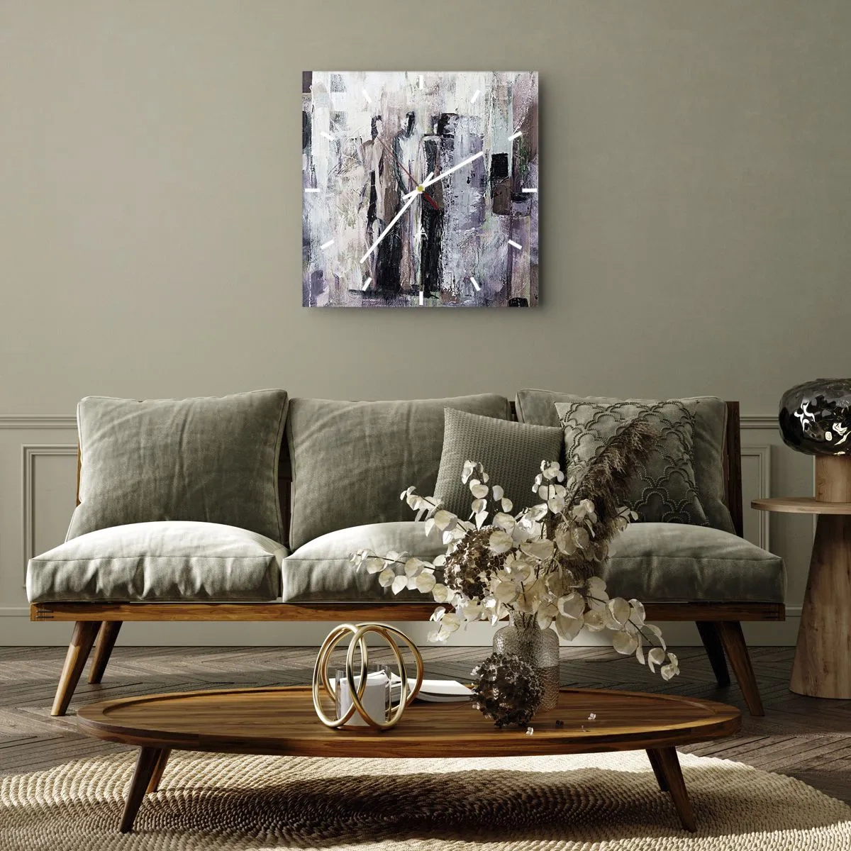 Wanduhr - Glasuhr - Eine abstrakte Komposition mit drei Figuren in Pastellfarben. - 30x30cm - Die geheimnisvolle Drei - Moderne Wanddekoration für Wohnzimmer und Schlafzimmer ARTTOR