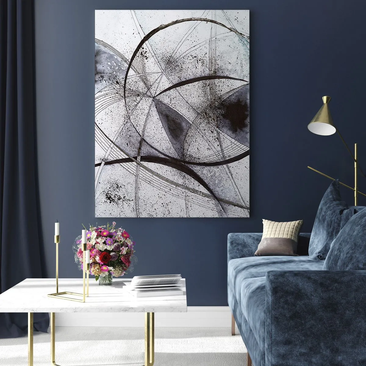 Glasbild - Bild auf glas - Abstrakte Linien und Formen in Grau- und Schwarztönen - 70x100cm - Futuristische Fantasie - Moderne Wanddekoration für Wohnzimmer und Schlafzimmer ARTTOR