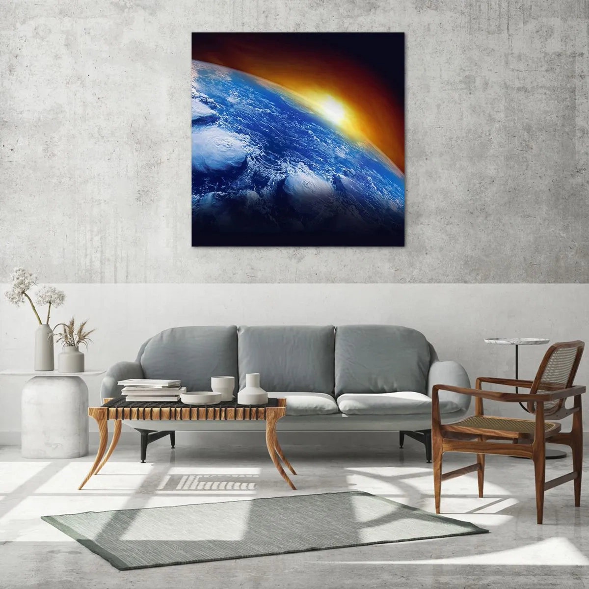 Glasbild - Bild auf glas - Sonnenaufgang über dem blauen Planeten - 70x70 cm