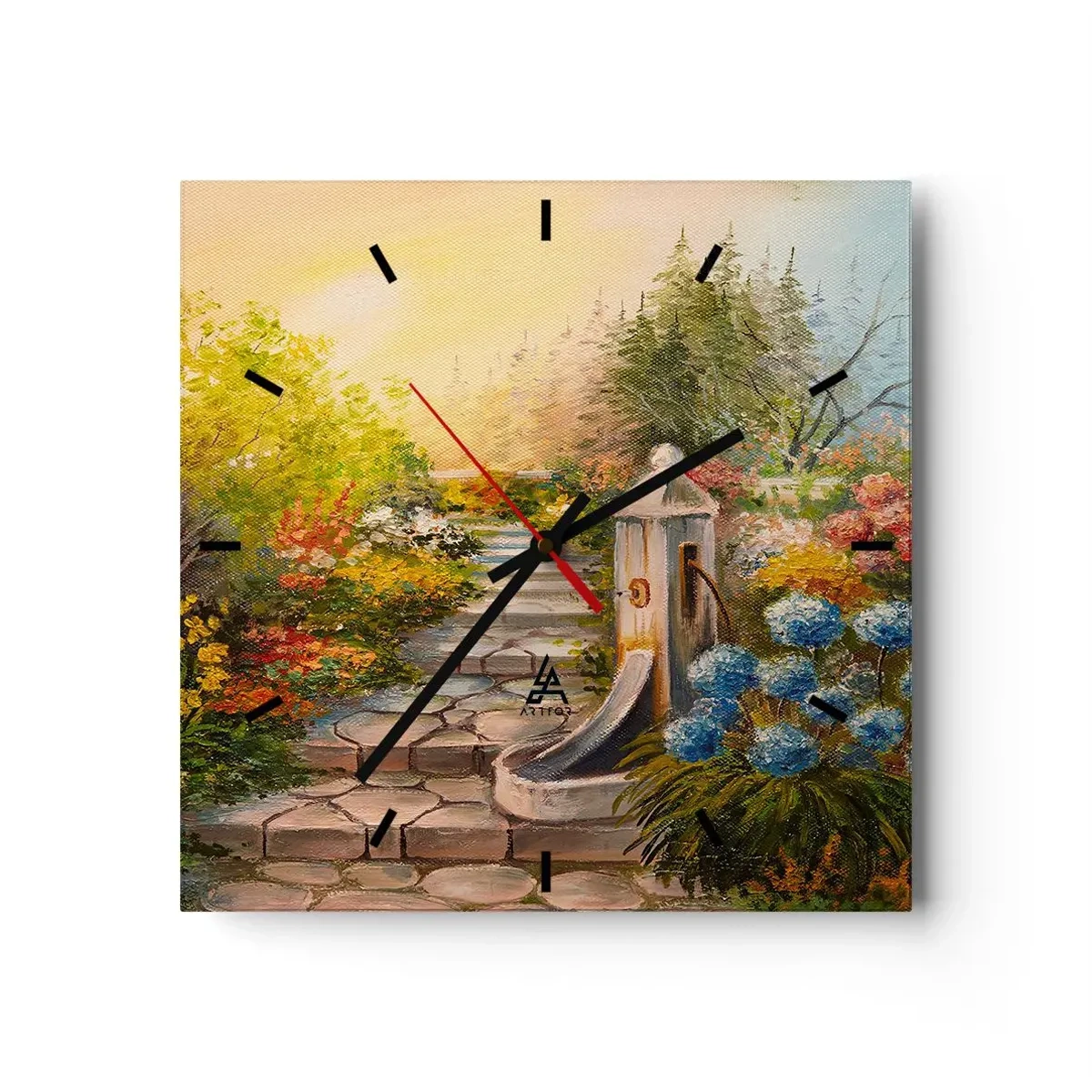 Wanduhr - Glasuhr - Ein malerischer Garten mit einem Brunnen und bunten Blumen - 30x30cm - In voller Blüte - Moderne Wanddekoration für Wohnzimmer und Schlafzimmer ARTTOR