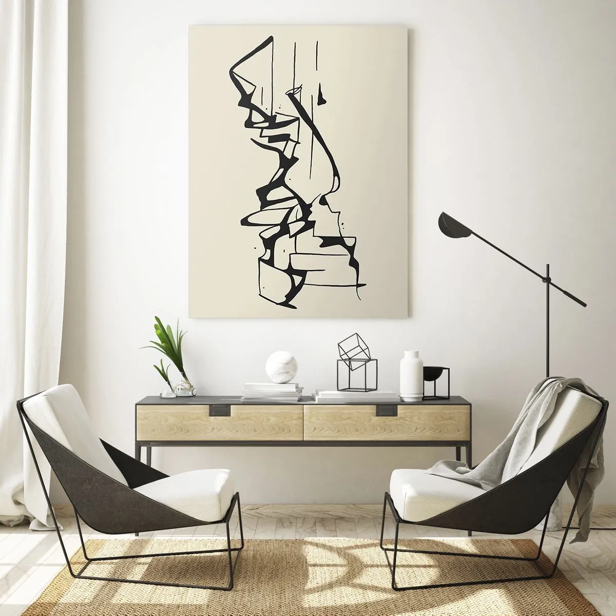 Glasbild - Bild auf glas - Abstrakte Zeichnung von Bergen in Schwarz und Weiß - 70x100cm - Vielleicht eine Landschaft - Moderne Wanddekoration für Wohnzimmer und Schlafzimmer ARTTOR