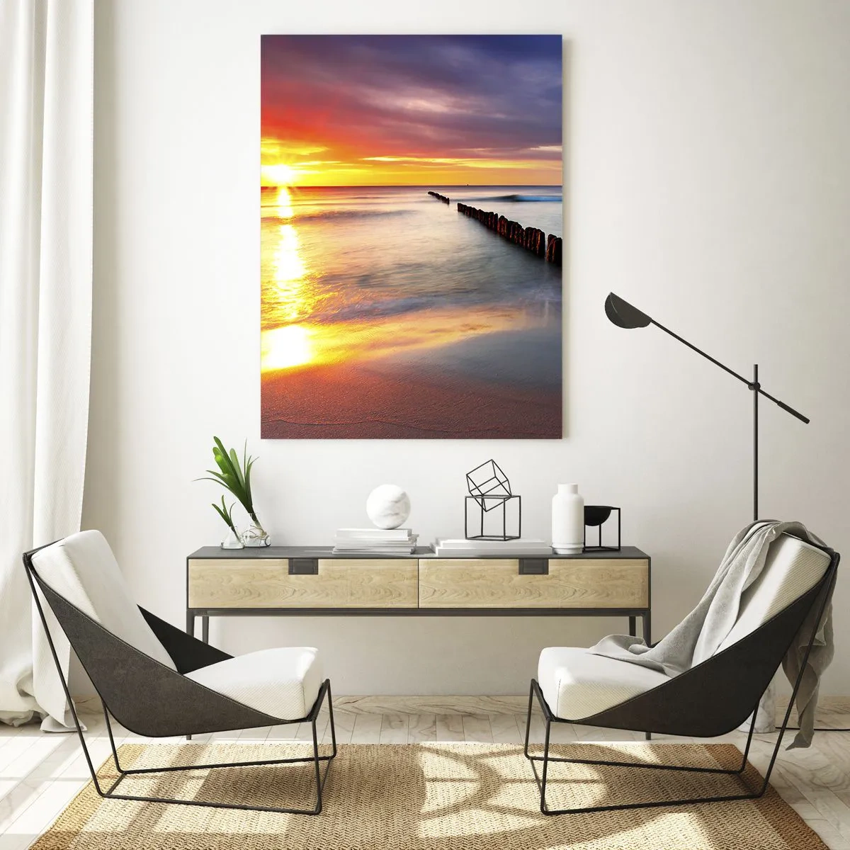 Glasbild - Bild auf glas - Sonnenuntergang über dem Meer mit einem Wellenbrecher im Vordergrund - 80x120cm - Lausche der Stille - Moderne Wanddekoration für Wohnzimmer und Schlafzimmer ARTTOR