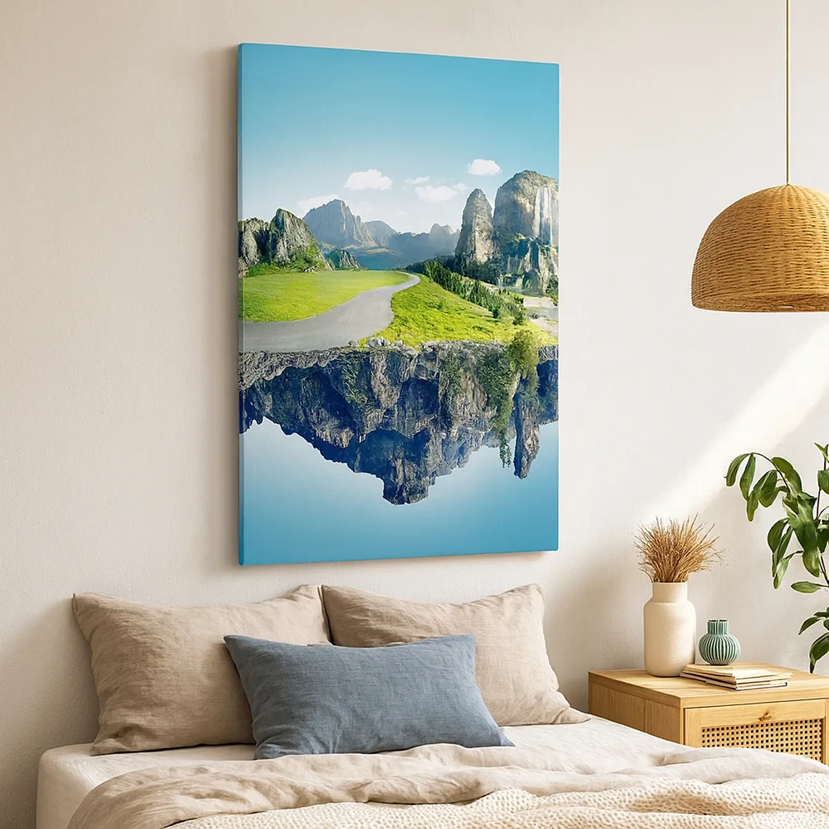 Bild auf Leinwand - Leinwandbild - Eine schwimmende Insel mit Bergen und Wasserfällen - 50x70cm - Fantastische Insel - Moderne Wanddekoration für Wohnzimmer und Schlafzimmer ARTTOR