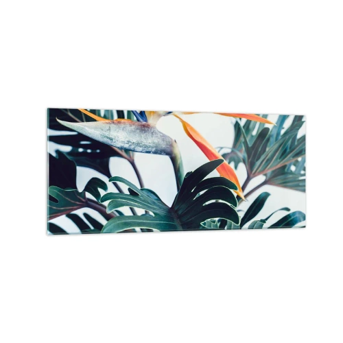 Glasbild - Bild auf glas - Strelitzia-Blüte, umgeben von Blättern in hellem Licht - 120x50cm - Vogelbusch - Moderne Wanddekoration für Wohnzimmer und Schlafzimmer ARTTOR