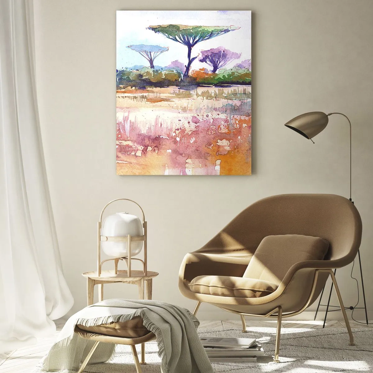 Glasbild - Bild auf glas - Aquarell Savannenlandschaft mit Bäumen und Vegetation - 50x70cm - Savannah-Farben - Moderne Wanddekoration für Wohnzimmer und Schlafzimmer ARTTOR