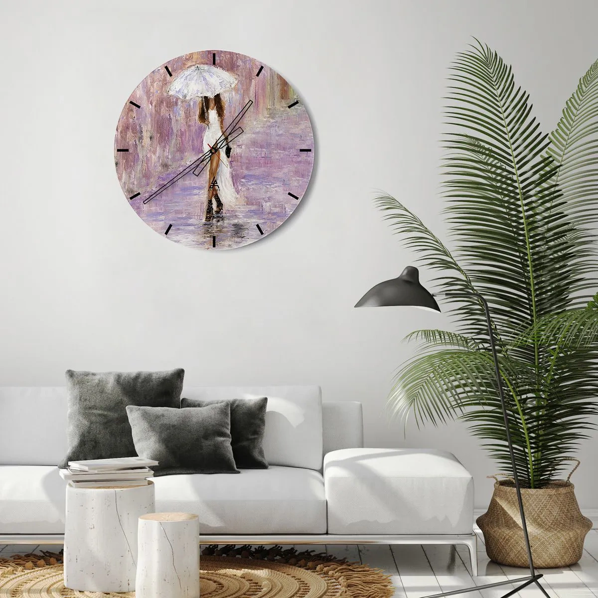 Wanduhr - Glasuhr - Die Figur einer Frau mit einem Regenschirm im Regen, vor einem lila Hintergrund - 30x30cm - Im lila Regen - Moderne Wanddekoration für Wohnzimmer, Küche und Schlafzimmer ARTTOR