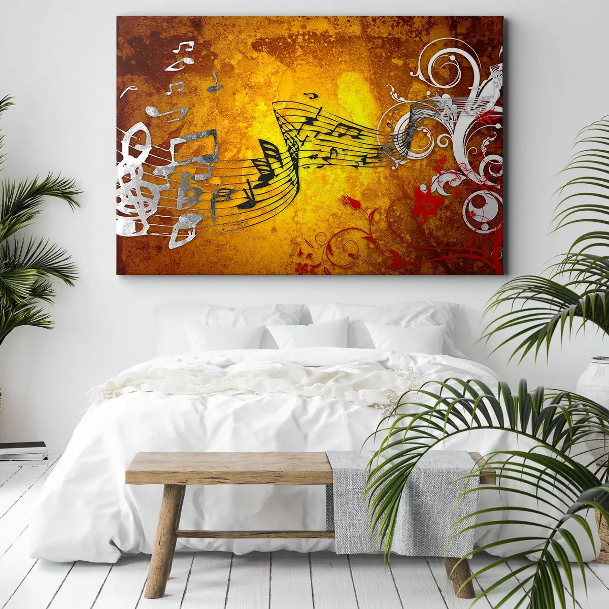 Bild auf Leinwand - Leinwandbild - Abstrakte Musiknoten auf einem bunten Hintergrund mit Ornamenten - 120x80cm - Lass die Musik fließen - Moderne Wanddekoration für Wohnzimmer und Schlafzimmer ARTTOR