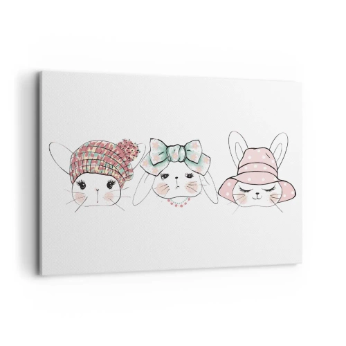 Bild auf Leinwand - Leinwandbild - Entzückende Häschen mit pastellfarbener Kopfbedeckung - 100x70cm - Nachdenklich, traurig, zufrieden - Moderne Wanddekoration für Wohnzimmer und Schlafzimmer ARTTOR