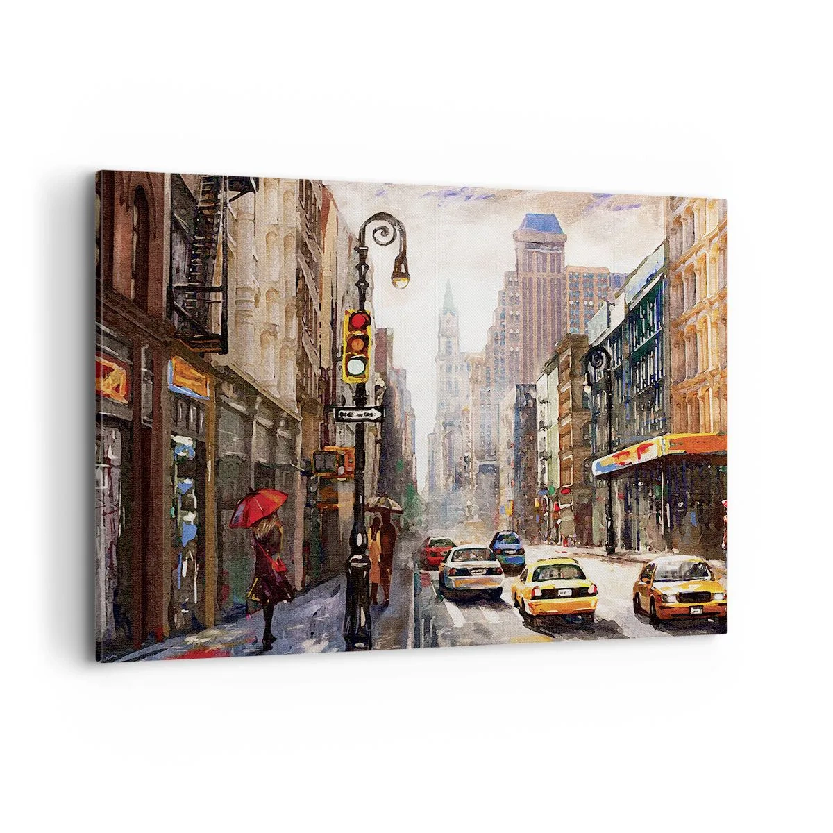 Bild auf Leinwand - Leinwandbild - Stadtbild mit einer Straße und gelben Taxis - 100x70cm - New York - auch im Regen bunt - Moderne Wanddekoration für Wohnzimmer und Schlafzimmer ARTTOR