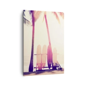 Bild auf Leinwand - Leinwandbild - Palmen und Surfbretter am Strand im Sonnenschein - 70x100cm - Es wird ein toller Tag - Moderne Wanddekoration für Wohnzimmer und Schlafzimmer ARTTOR