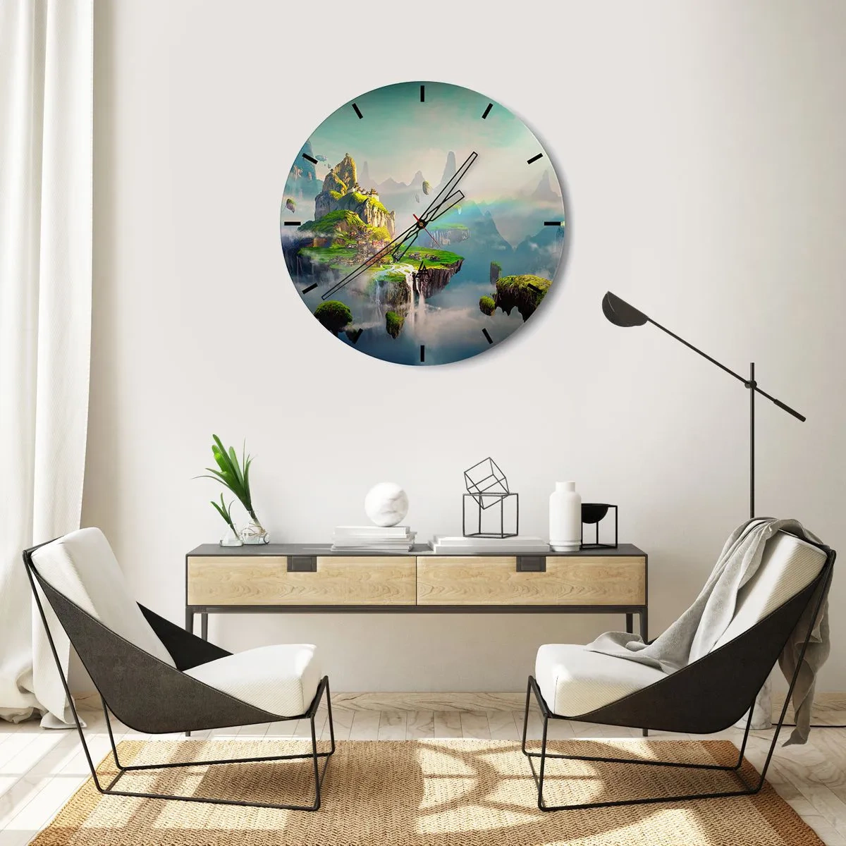 Wanduhr - Glasuhr - Hängende Inseln mit Wasserfällen und üppiger Vegetation zwischen den Wolken - 30x30cm - Mitten am Himmel - glückliche Inseln - Moderne Wanddekoration für Wohnzimmer, Küche und Schlafzimmer ARTTOR