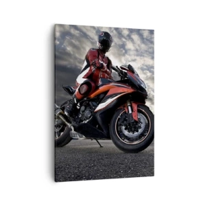 Bild auf Leinwand - Leinwandbild - Ein Motorradfahrer auf einem Sportmotorrad vor bewölktem Himmel - 50x70cm - Dunkler Reiter - Moderne Wanddekoration für Wohnzimmer und Schlafzimmer ARTTOR