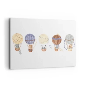 Bild auf Leinwand - Leinwandbild - Niedliche Tiere in Luftballons auf weißem Hintergrund - 100x70cm - Freunde auf Reise - Moderne Wanddekoration für Wohnzimmer und Schlafzimmer ARTTOR