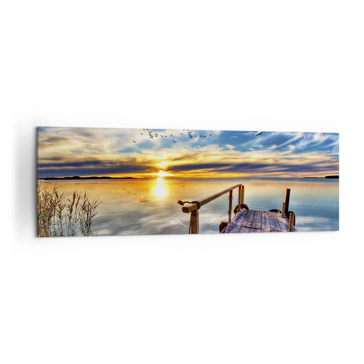 Bild auf Leinwand - Leinwandbild - Holzsteg über dem See bei Sonnenuntergang - 160x50cm - Der Wind geht zur Ruhe - Moderne Wanddekoration für Wohnzimmer und Schlafzimmer ARTTOR