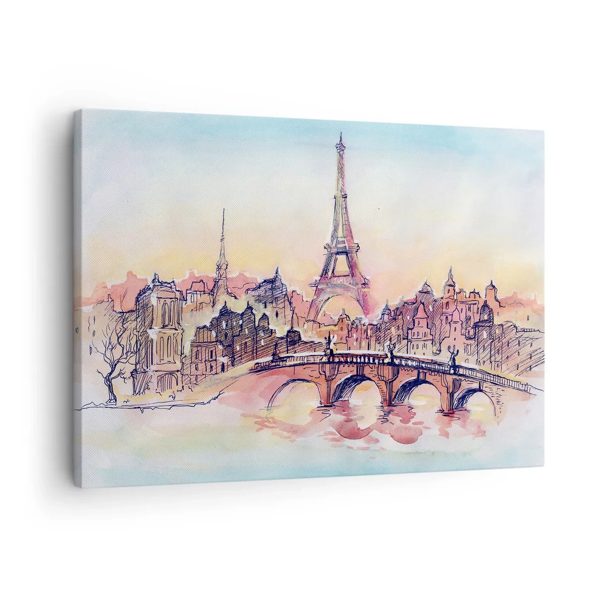 Bild auf Leinwand - Leinwandbild - Aquarellpanorama von Paris mit dem Eiffelturm bei Sonnenuntergang - 70x50cm - Die einzige Stadt dieser Art auf der Welt - Moderne Wanddekoration für Wohnzimmer und Schlafzimmer ARTTOR