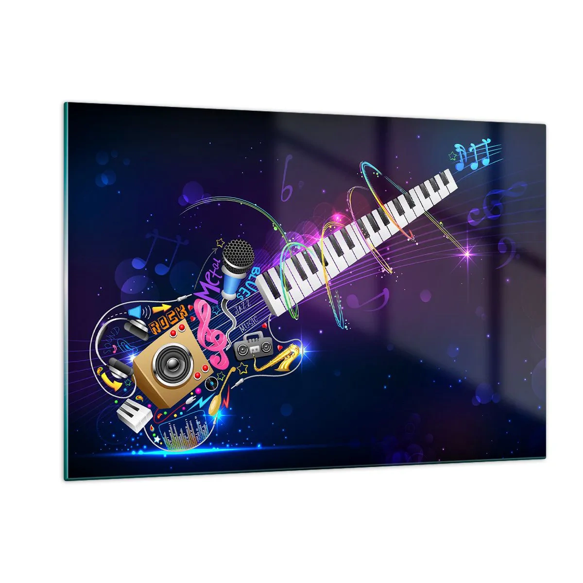 Glasbild - Bild auf glas - Bunte Musikkomposition mit Instrumenten und Noten - 120x80cm - Und alles ist gut - Moderne Wanddekoration für Wohnzimmer und Schlafzimmer ARTTOR