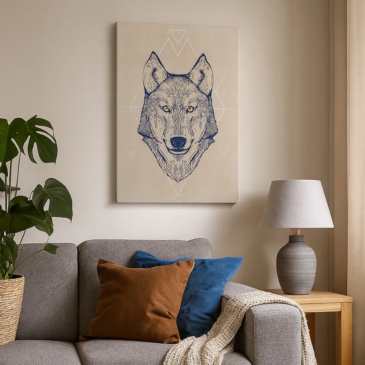 Bild auf Leinwand - Leinwandbild - Ein geometrischer Wolf auf hellem Hintergrund mit minimalistischen Mustern. - 50x70cm - Ein Alpha mit durchdringendem Blick - Moderne Wanddekoration für Wohnzimmer und Schlafzimmer ARTTOR