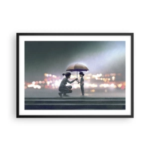 Poster in einem schwarzem Rahmen - Eine Figur mit einem Regenschirm schützt ein Kind vor dem Hintergrund nächtlicher Lichter. - 70x50cm - Und jetzt ist alles in Ordnung - Moderne Wanddekoration für Wohnzimmer und Schlafzimmer ARTTOR