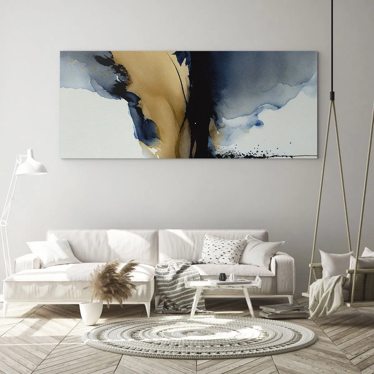 Glasbild - Bild auf glas - Eine abstrakte Komposition in Marineblau- und Goldtönen - 120x50cm - Hinter dem Vorhang - Moderne Wanddekoration für Wohnzimmer und Schlafzimmer ARTTOR