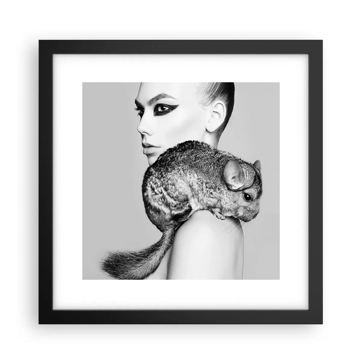 Poster in einem schwarzem Rahmen - Dame mit einem Chinchilla - 30x30 cm