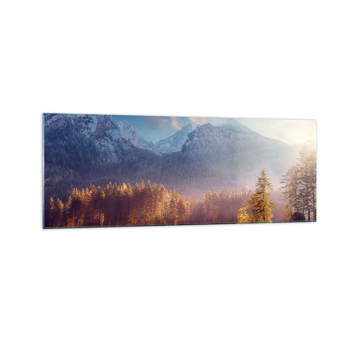 Glasbild - Bild auf glas - Malerischer Blick auf den Bergwald und den See im Morgengrauen - 140x50cm - In den Bergen und Tälern - Moderne Wanddekoration für Wohnzimmer und Schlafzimmer ARTTOR