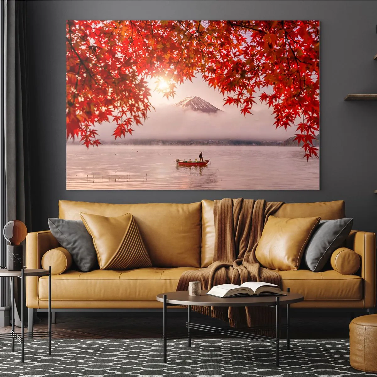 Glasbild - Bild auf glas - Der Fuji mit einem Boot auf einem See, umgeben von roten Blättern - 70x50cm - Im japanischen Klima - Moderne Wanddekoration für Wohnzimmer und Schlafzimmer ARTTOR