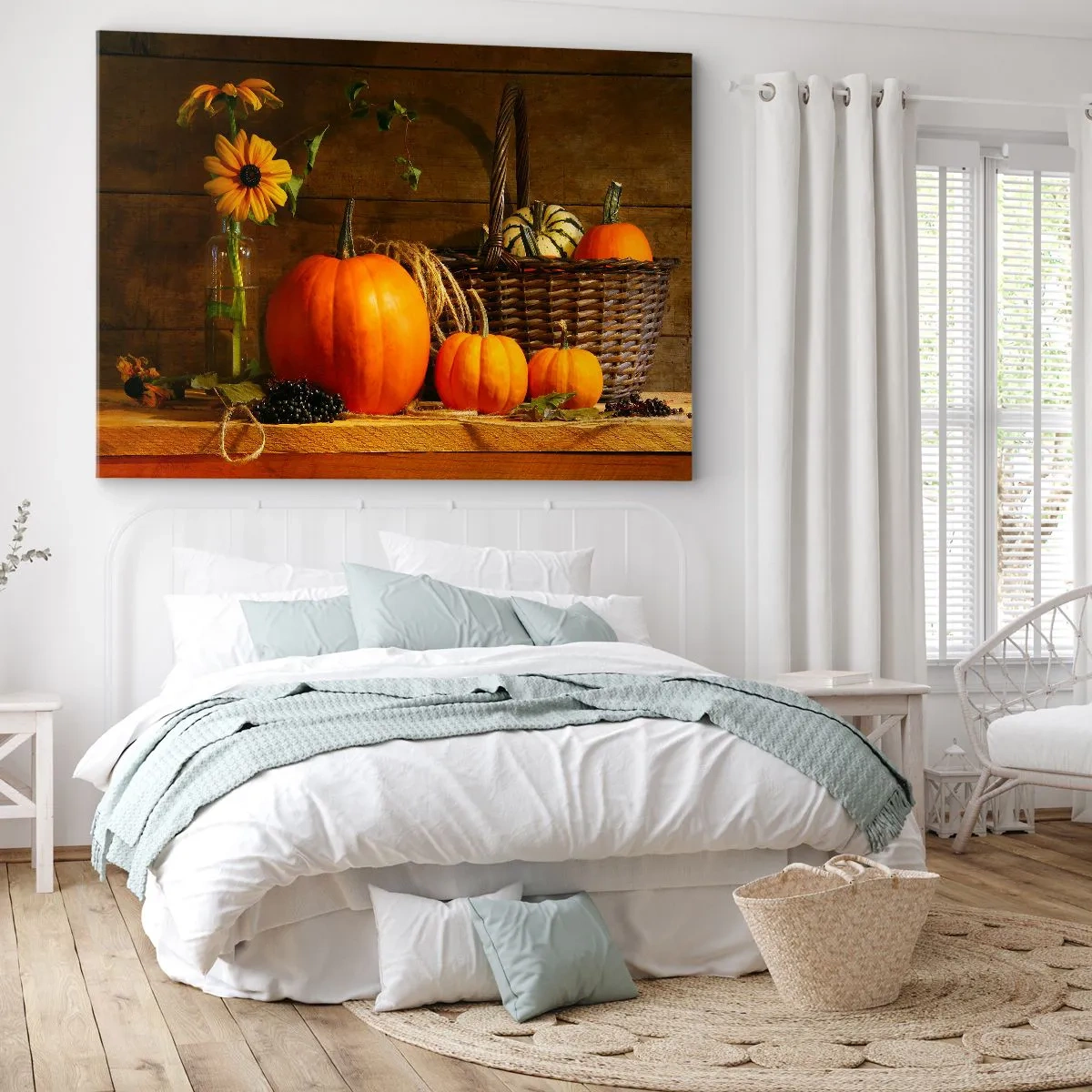 Bild auf Leinwand - Leinwandbild - Herbstkomposition mit Kürbissen und Blumen auf Holzhintergrund - 70x50cm - Eine rustikale Komposition - Geschenke des Herbstes - Moderne Wanddekoration für Wohnzimmer und Schlafzimmer ARTTOR