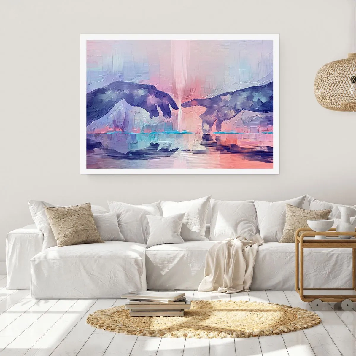 Poster - Symbolische Hände in abstrakten Farben, die auf das Thema der Schöpfung verweisen - 100x70cm - Göttlicher Funke des Lebens - Moderne Wanddekoration für Wohnzimmer und Schlafzimmer ARTTOR