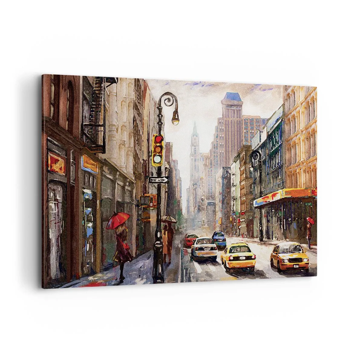Bild auf Leinwand - Leinwandbild - Stadtbild mit einer Straße und gelben Taxis - 120x80cm - New York - auch im Regen bunt - Moderne Wanddekoration für Wohnzimmer und Schlafzimmer ARTTOR